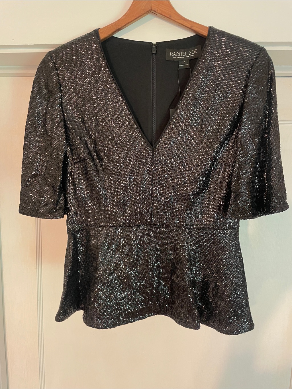 New Rachel Zoe Clover Sequin Peplum Flutter Sleeve Top Size 2